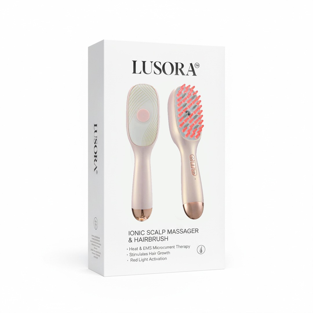 Lusora ionic scalp massager and hairbrush with red bristles on packaging.