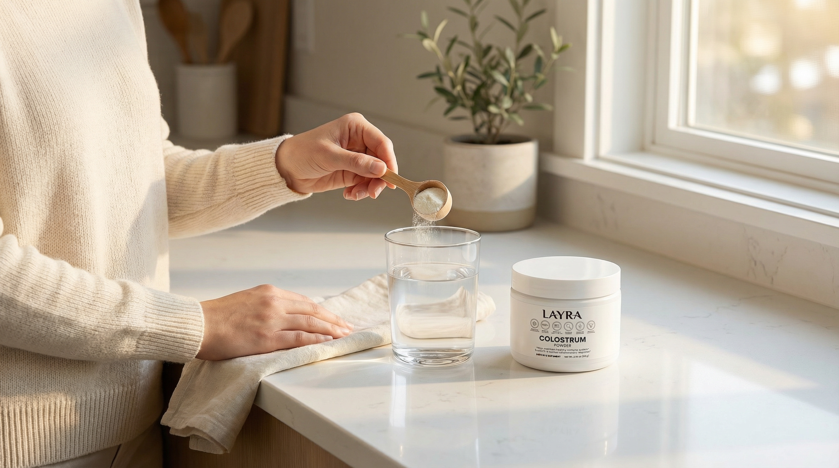 A person adds a scoop of white powder from a jar labeled 'Layra Colostrum Powder' to a glass of water.