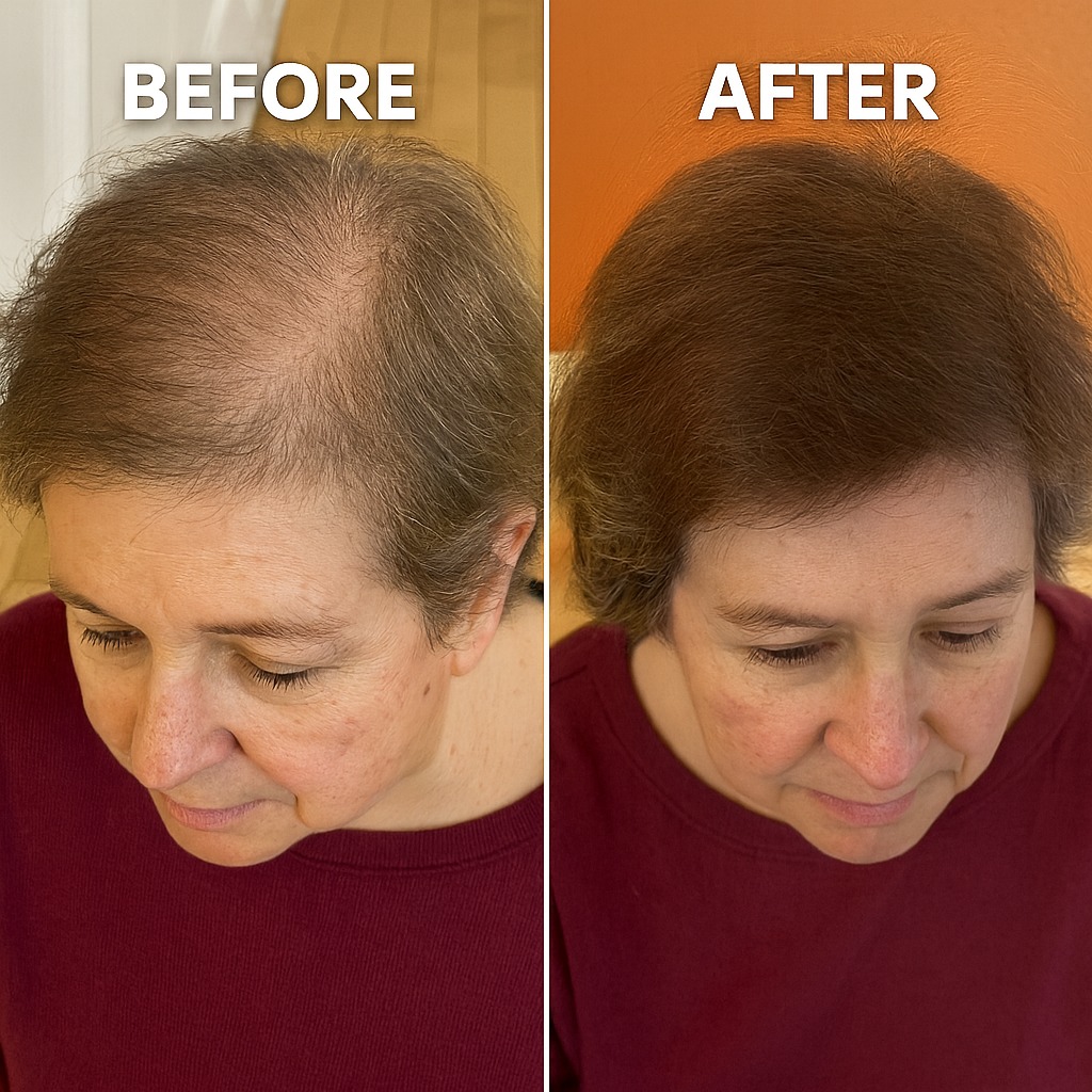 Side-by-side comparison of hair coverage before and after treatment.