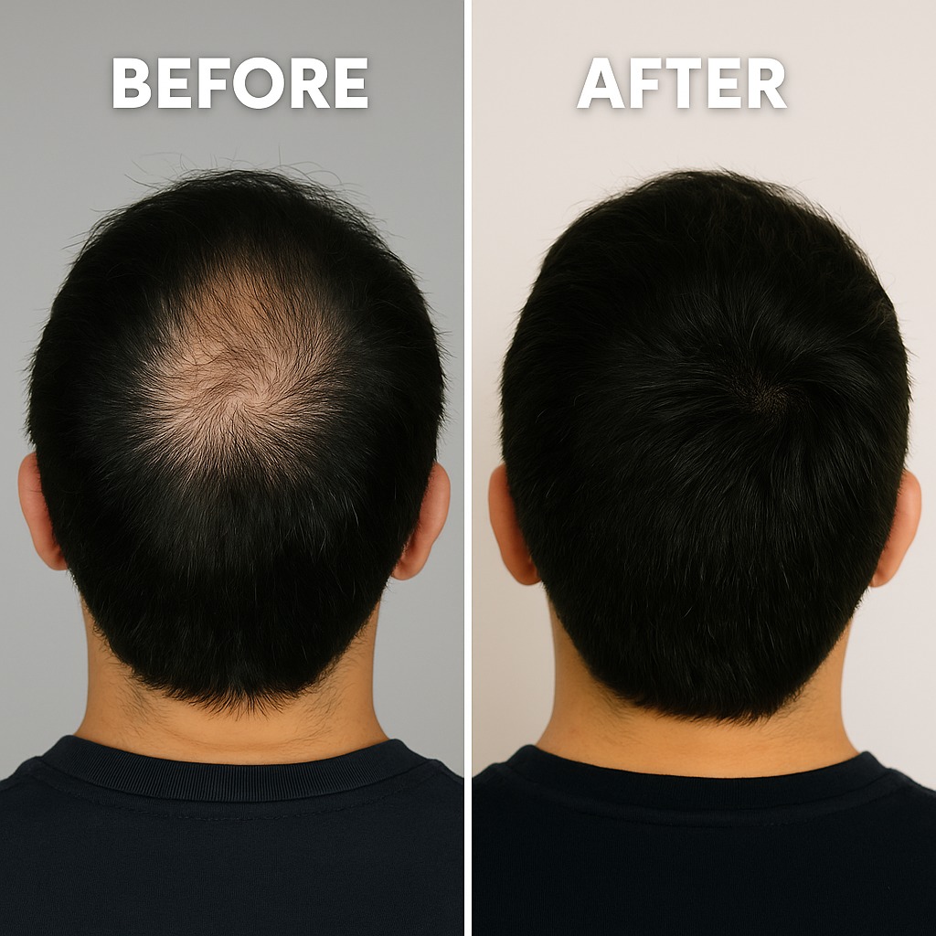 Side-by-side comparison of hair coverage, before and after.