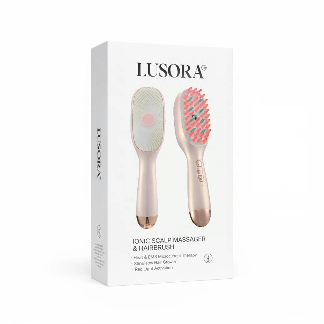 Box displaying Lusora ionic scalp massager and hairbrush.