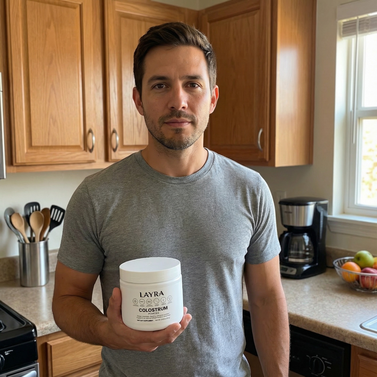 A man in a grey t-shirt stands in a kitchen holding a white jar of Layra Colostrum.