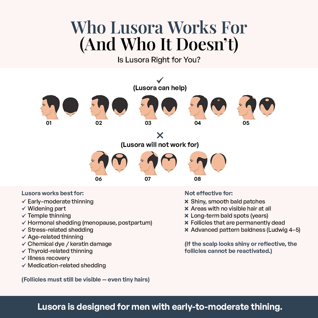 Infographic showing hair loss patterns suitable and unsuitable for Lusora treatment.