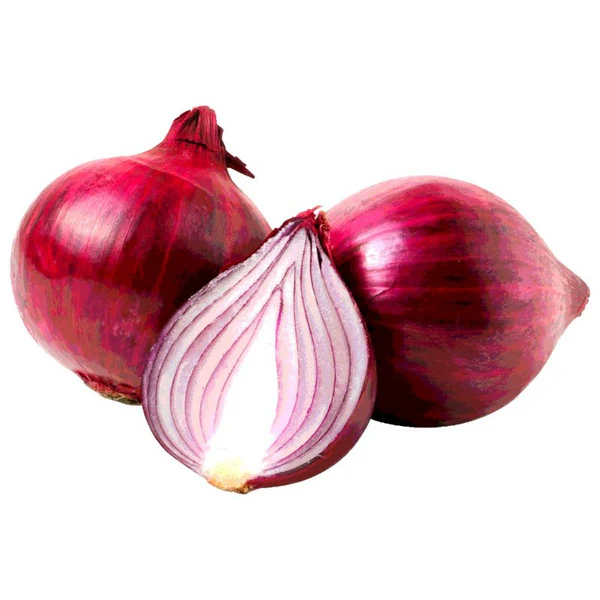 Three red onions, one sliced to show the interior layers.