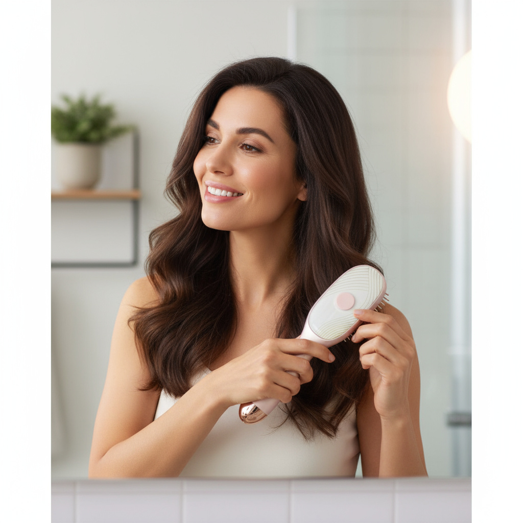Person brushing hair with a white and pink hairbrush, smiling in a bathroom.