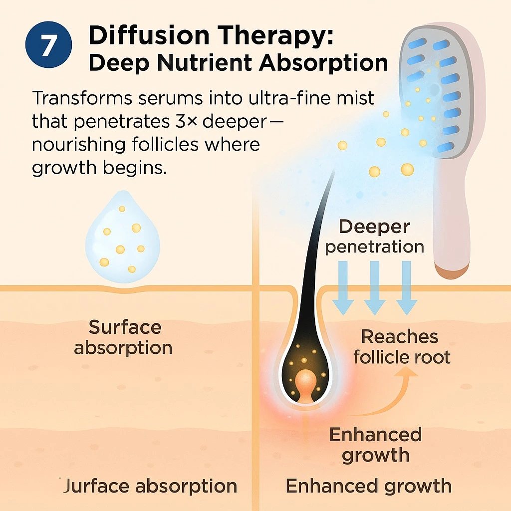 Illustration of diffusion therapy for deep nutrient absorption in hair follicles.
