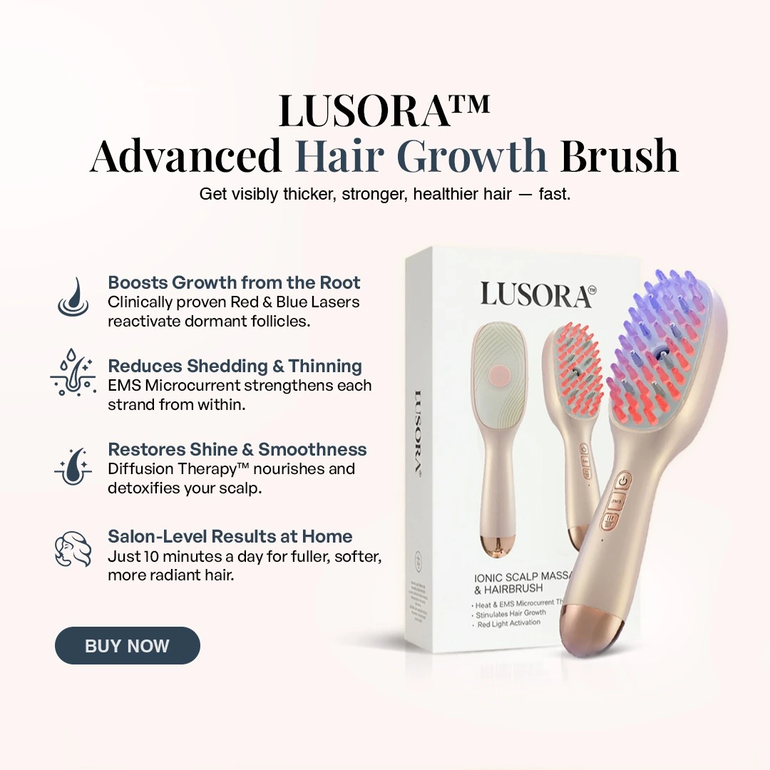 Lusora hair growth brush with features listed beside its box.