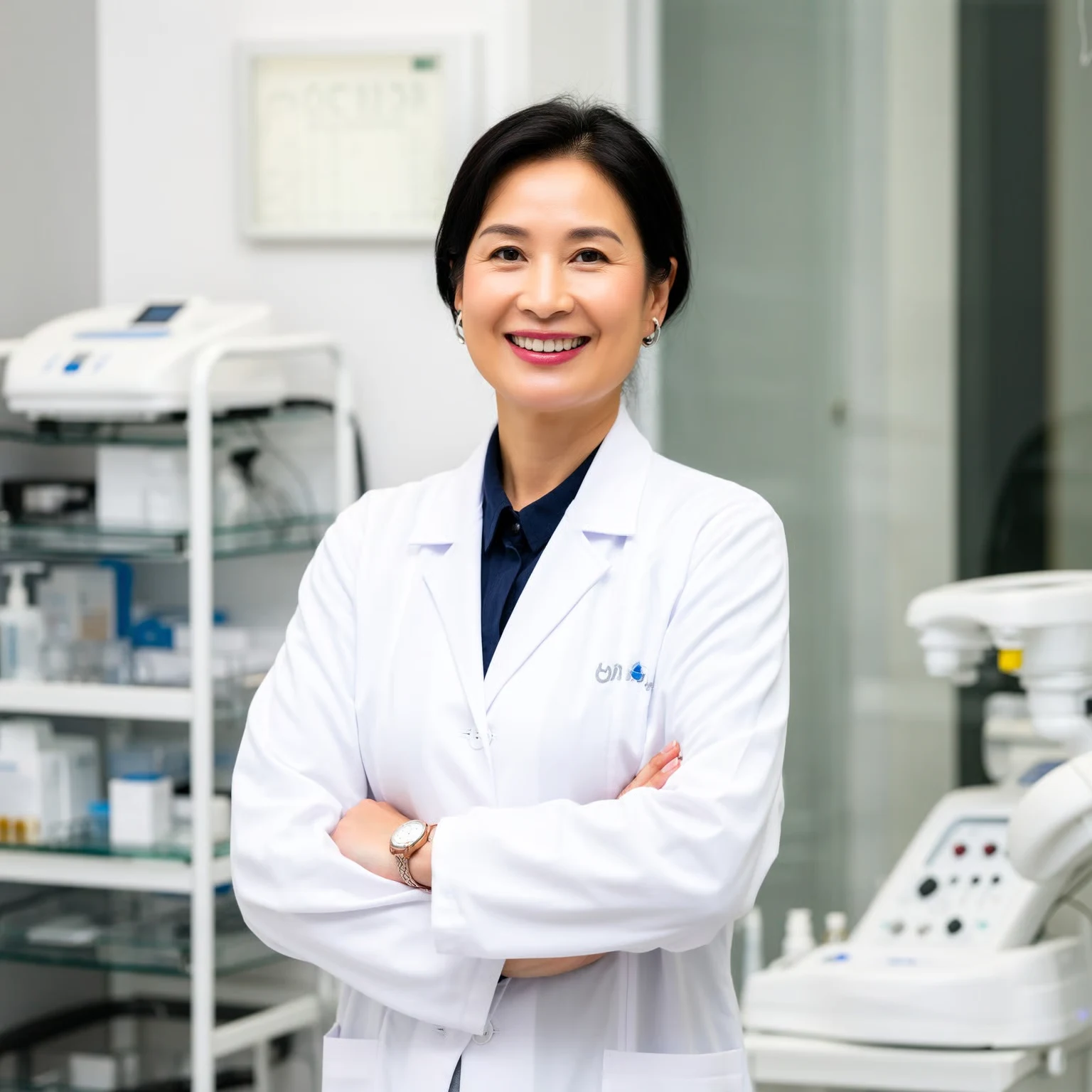 Person in white coat smiling in a medical office.