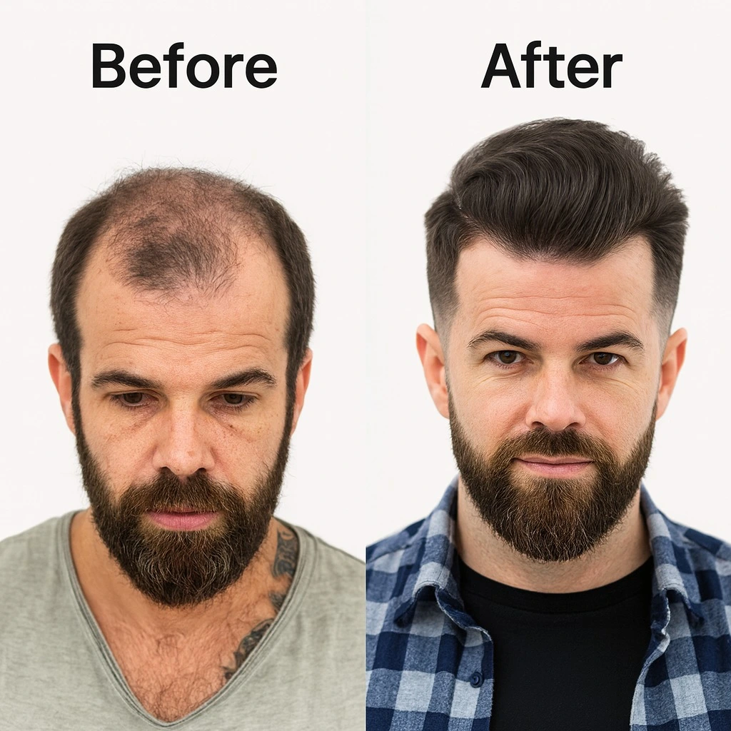 Side-by-side before and after photos of a man showing hair transformation.