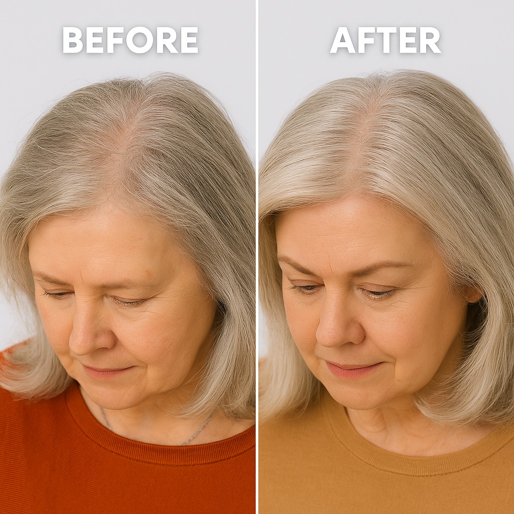 Side-by-side comparison of a woman labeled 'before' and 'after' with slight hair and skin improvements.