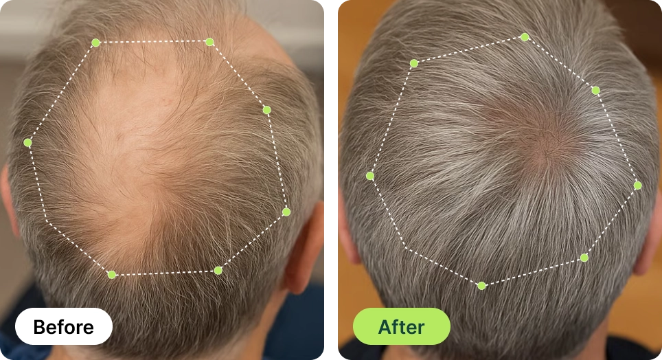 Side-by-side comparison of a man's hair before and after treatment.