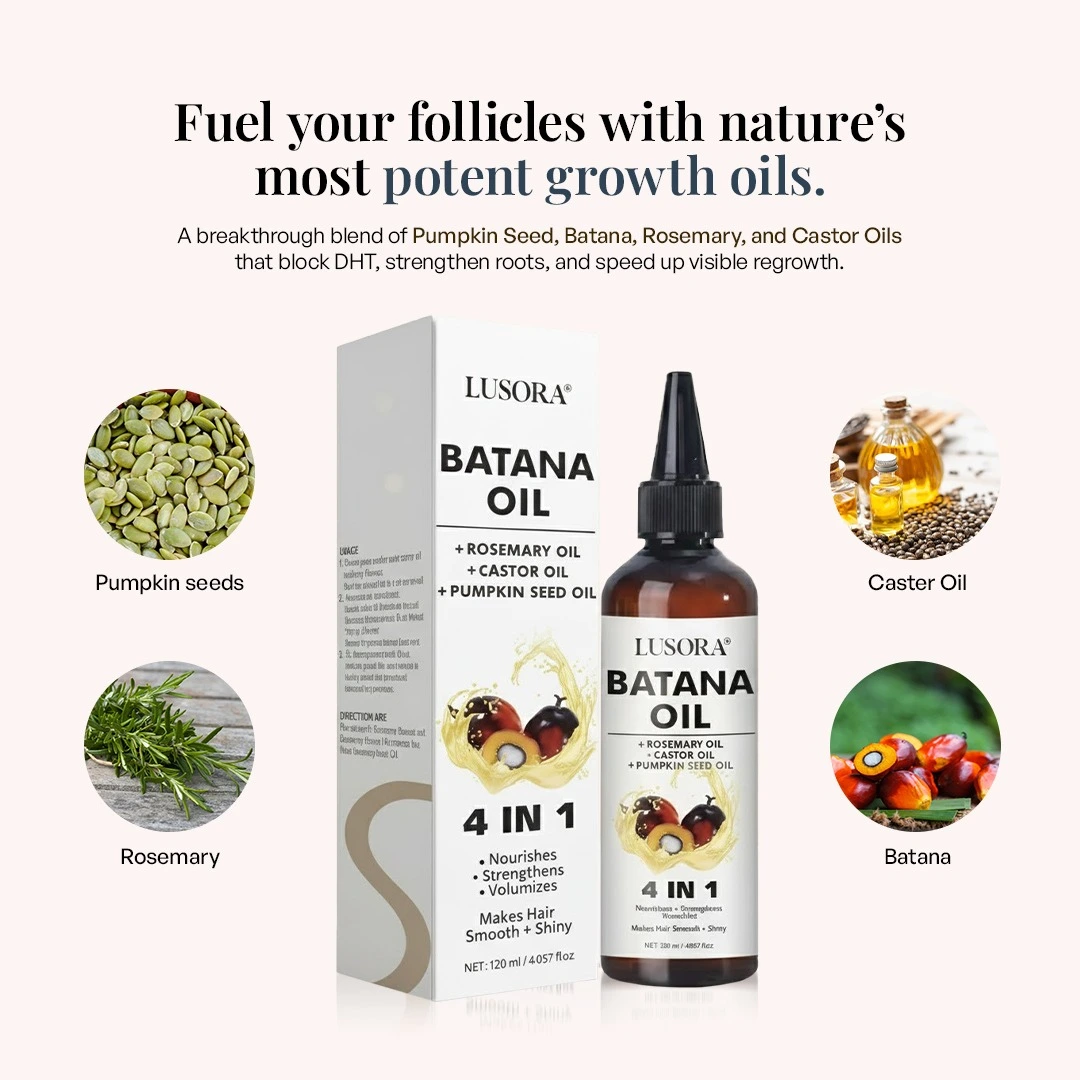 Bottle and box of Lusora Batana Oil with ingredients images.