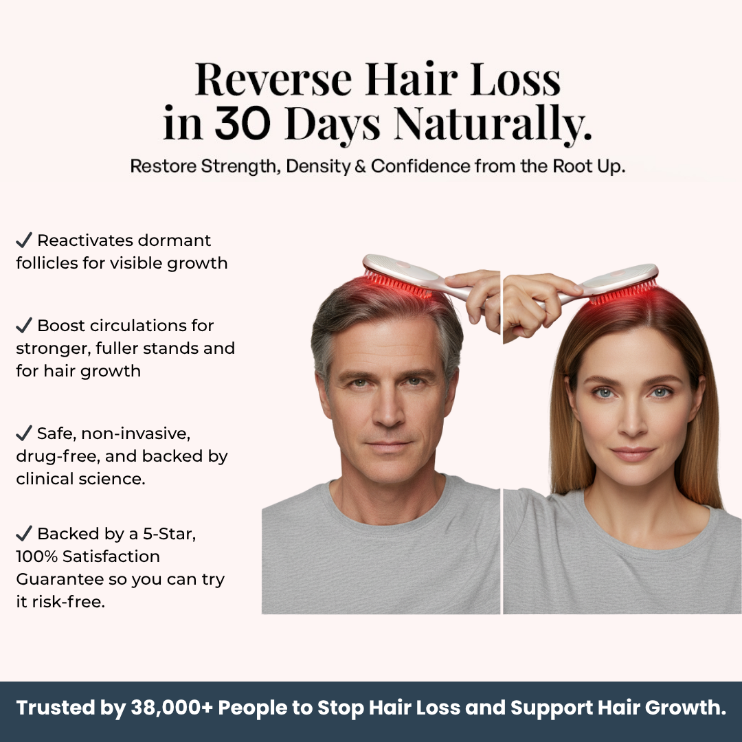 Two people using red light therapy devices on their heads.