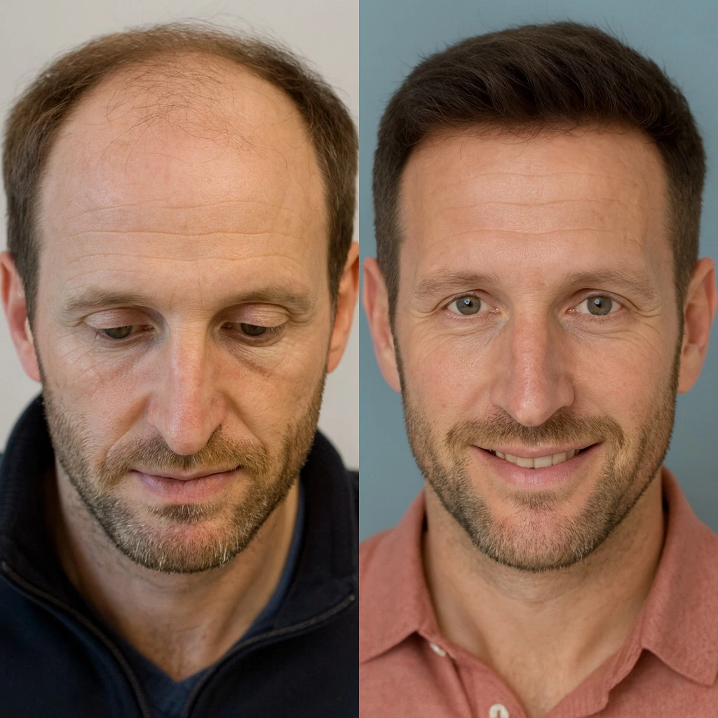 Side-by-side before and after photos of a man showing hair transformation.