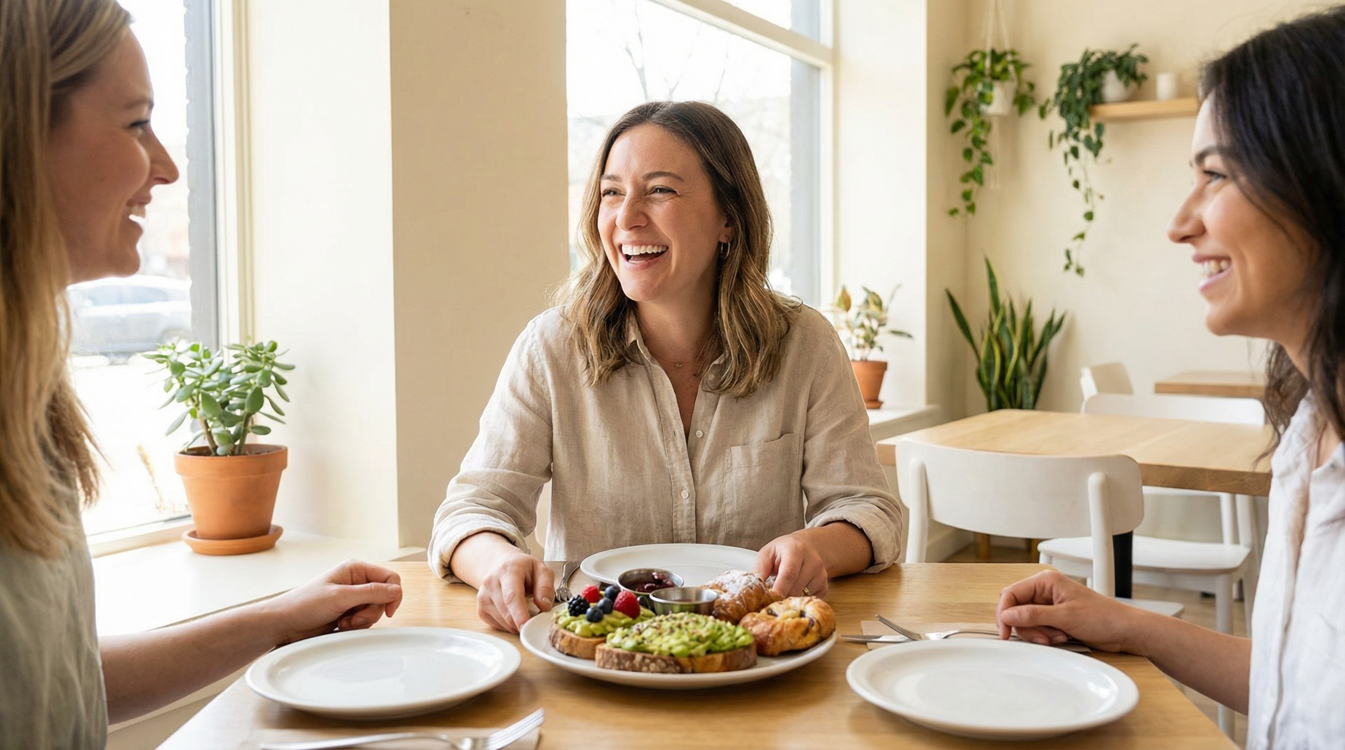 Three women smile and laugh while seated at a restaurant table with a plate of food.