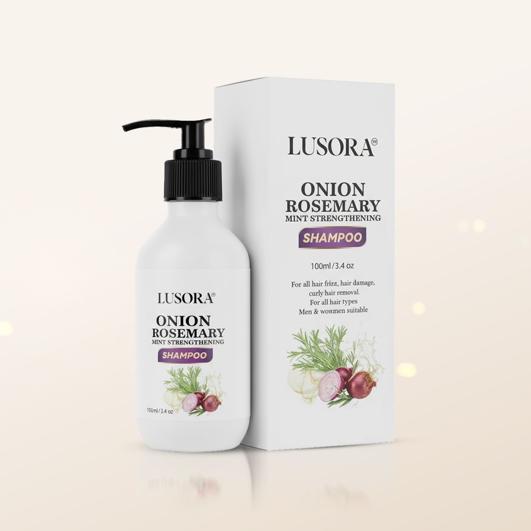 White bottle and box of Lusora onion rosemary shampoo.
