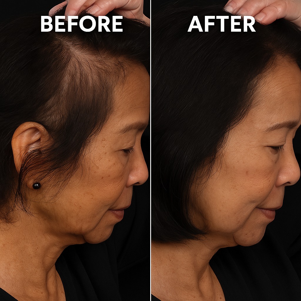 Side-by-side comparison of hair before and after treatment.