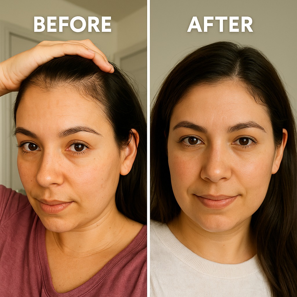 Split image of a woman labeled 'Before' and 'After', showing changes in hair volume.