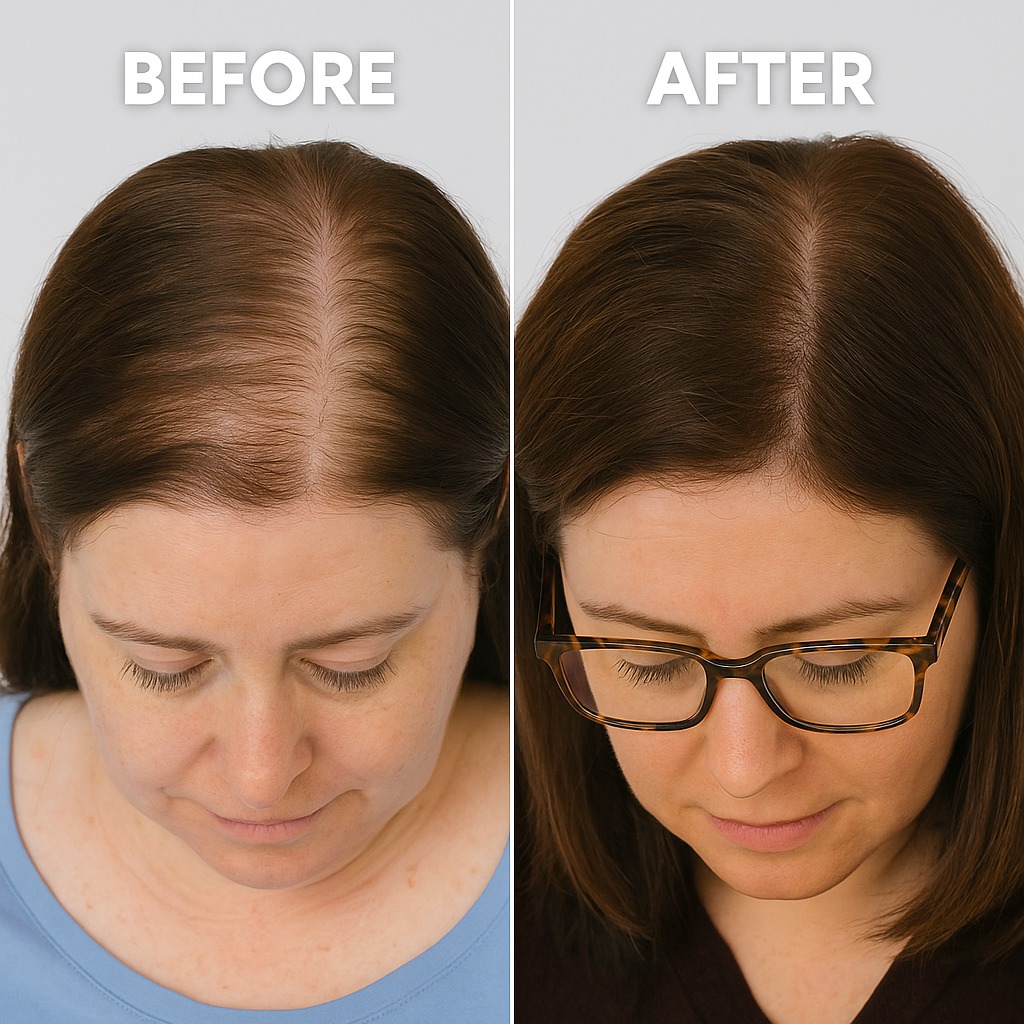 Side-by-side comparison of hair before and after treatment.