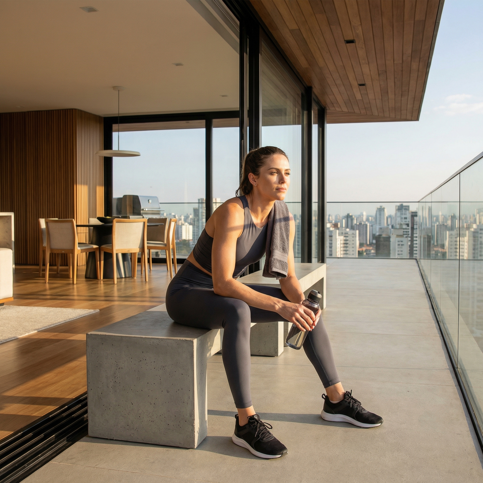 A woman in workout clothes sits on a concrete bench on a balcony overlooking a city.