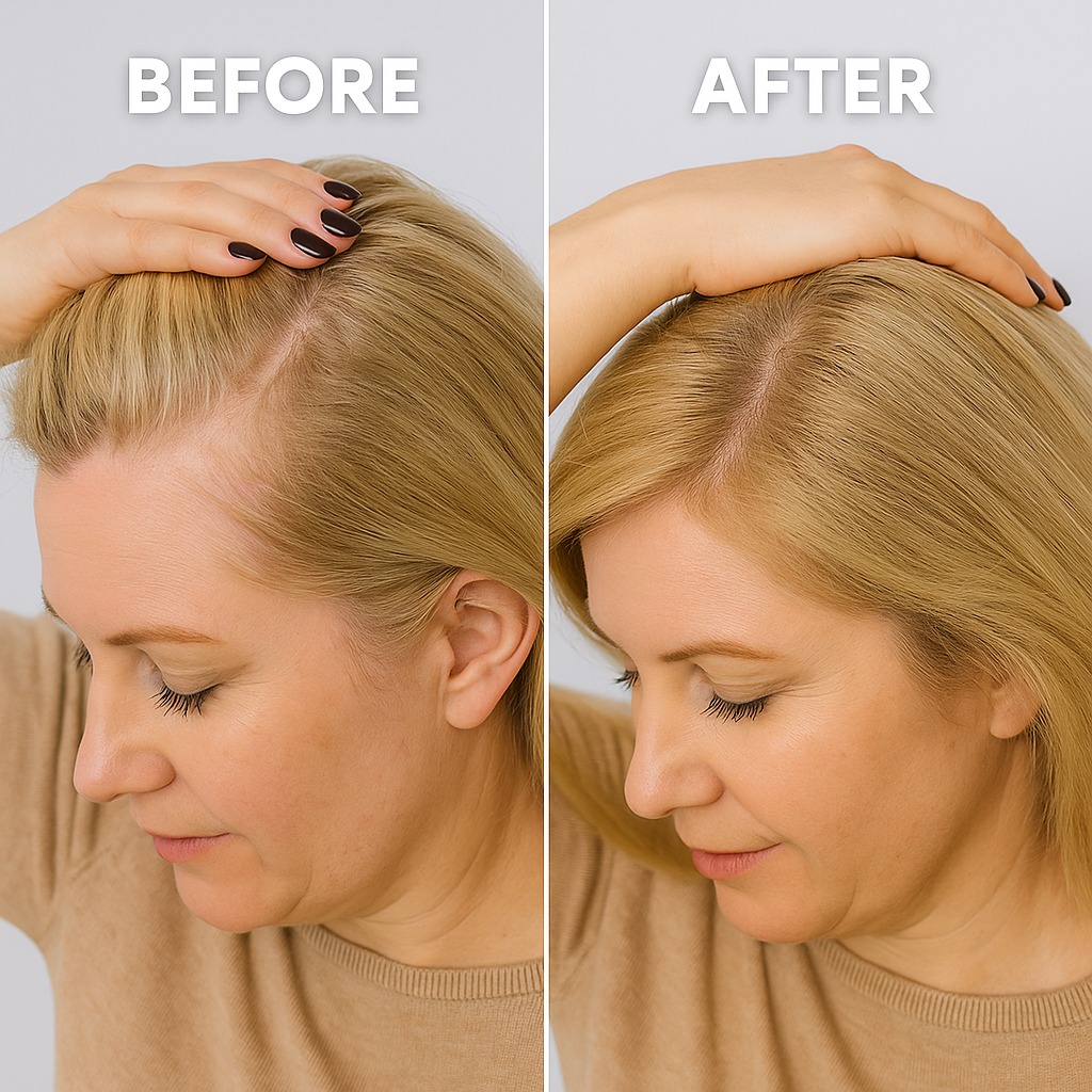 Side-by-side comparison of hair, labeled 'Before' and 'After,' showing a noticeable difference.