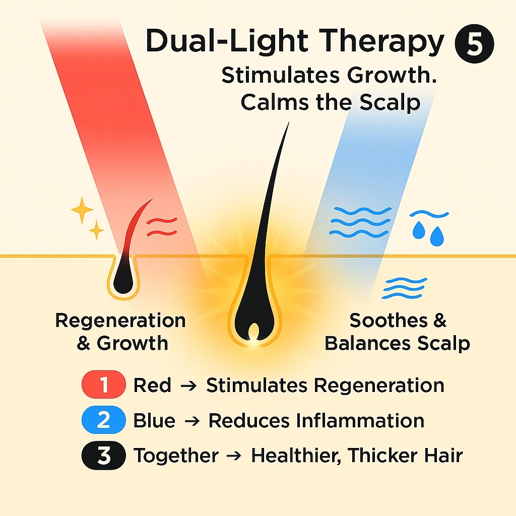 Diagram of dual-light therapy for hair growth and scalp care.