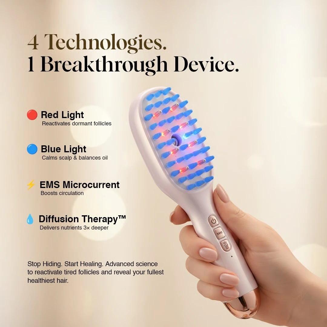 Person holding a device with blue and red lights, labeled technologies on the left.