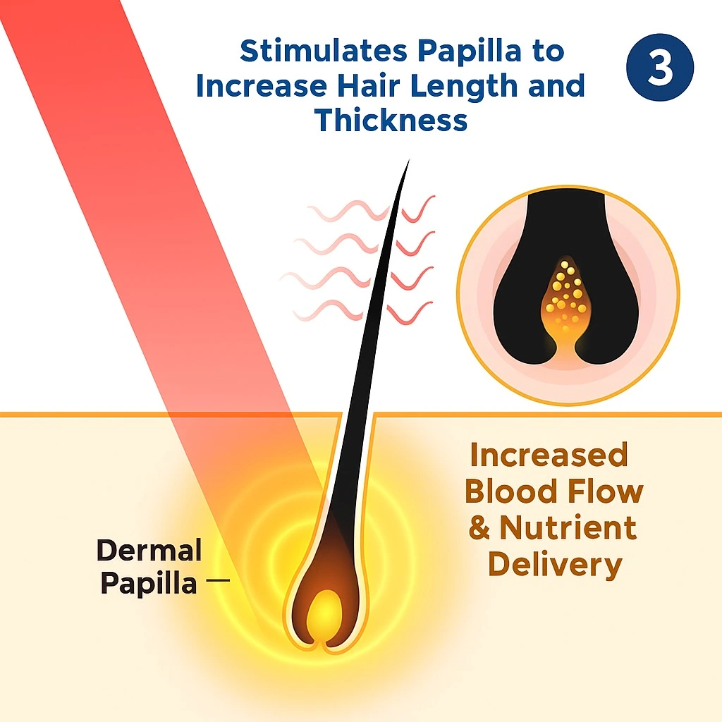 Illustration of a hair follicle with text about stimulating papilla for hair growth.