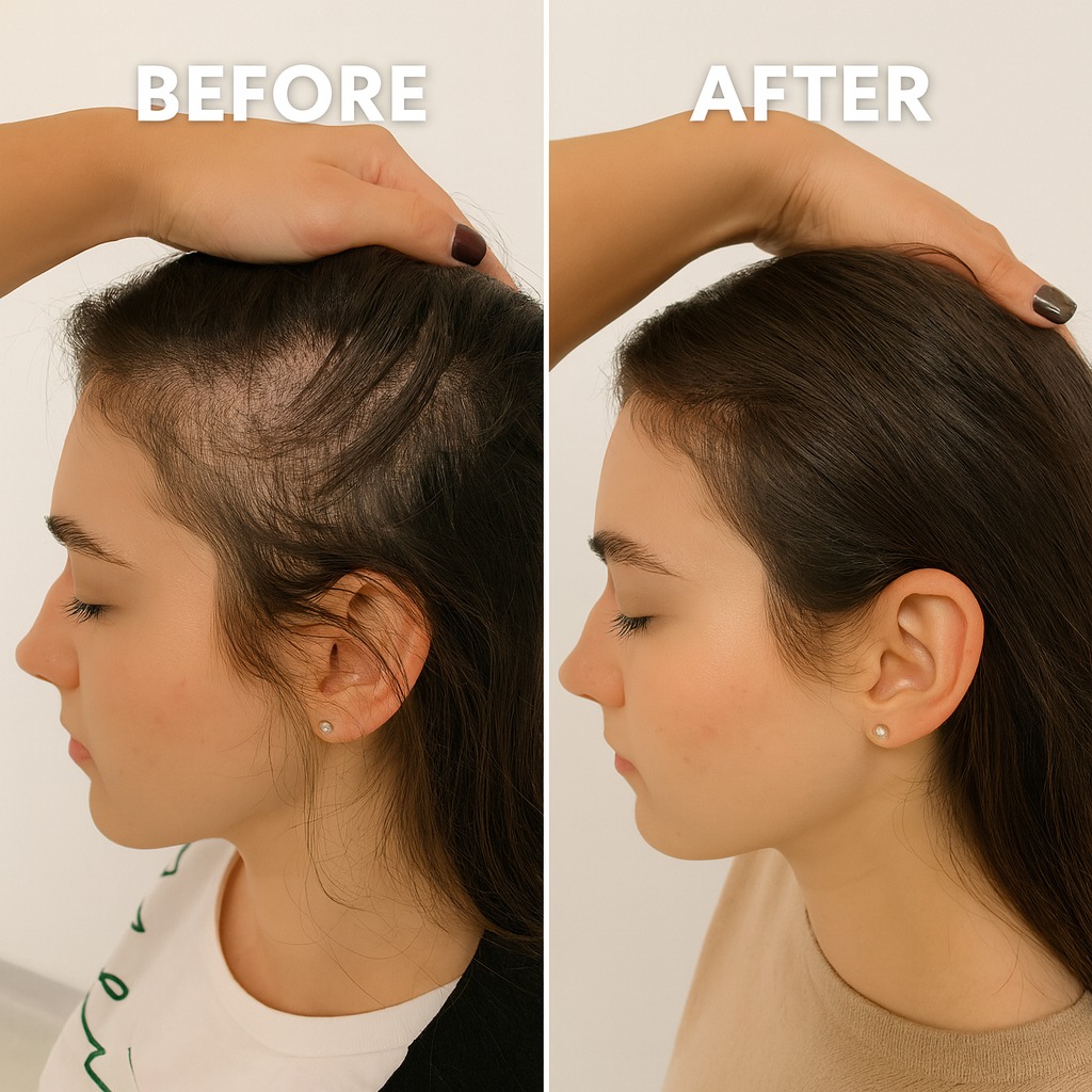 Side-by-side comparison showing hair regrowth on a woman's scalp.