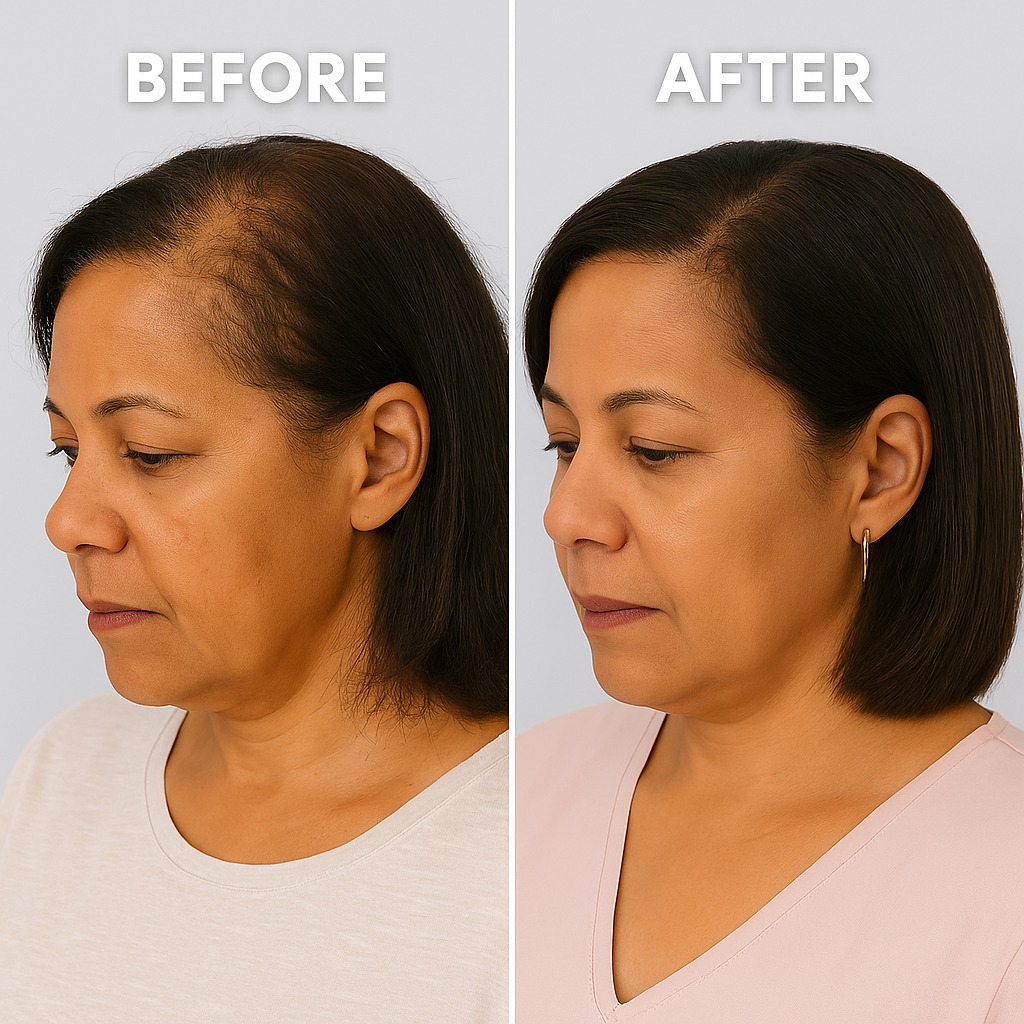 Side-by-side comparison of a woman's hair before and after treatment.