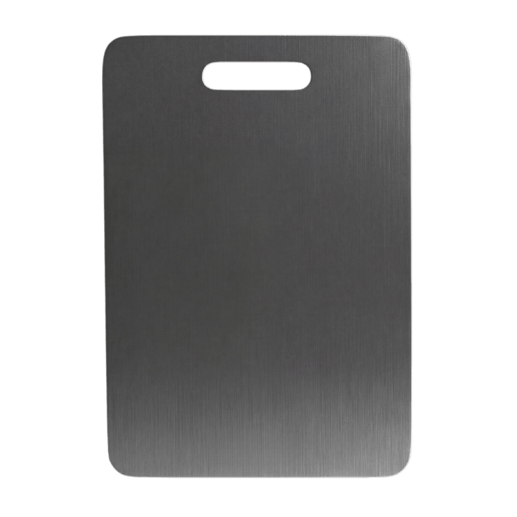 A rectangular brushed metal cutting board with a handle cutout, shown against a solid green background.