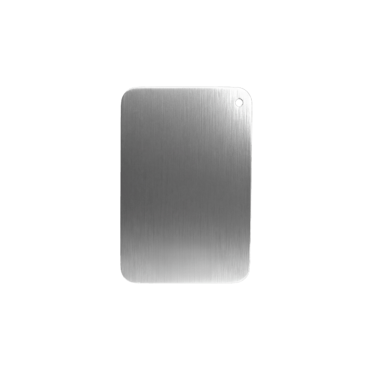 A rectangular, brushed metal tag with rounded corners and a hole in the top right corner.