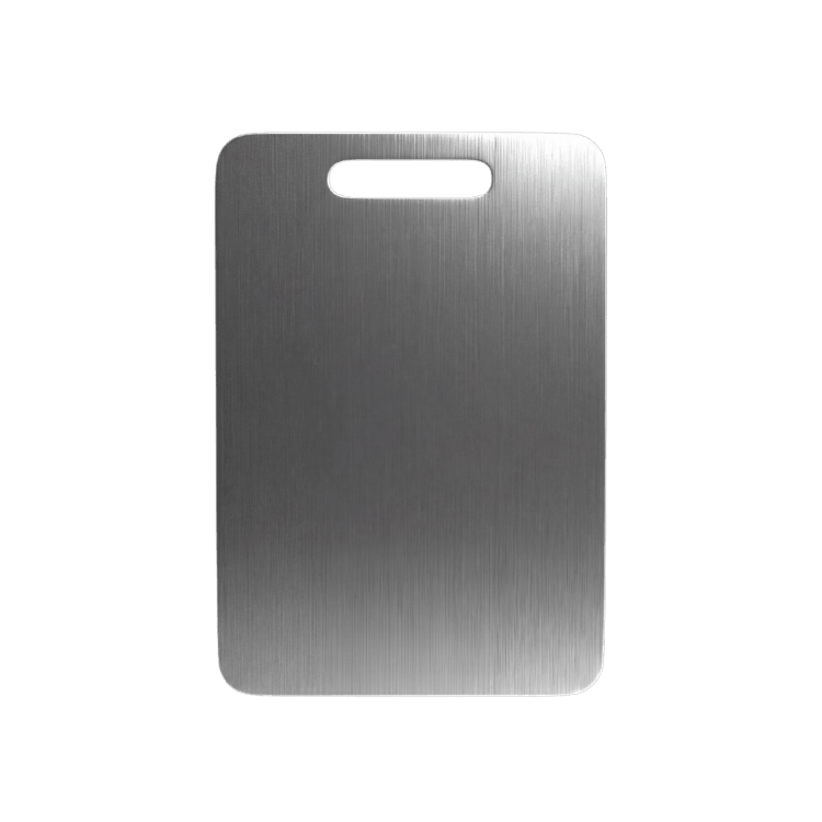 A rectangular, brushed stainless steel cutting board with a handle cutout, shown against a green background.