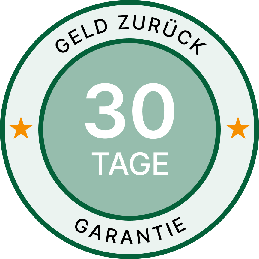 A green circular badge in German for a 30-day money-back guarantee, flanked by two orange stars.
