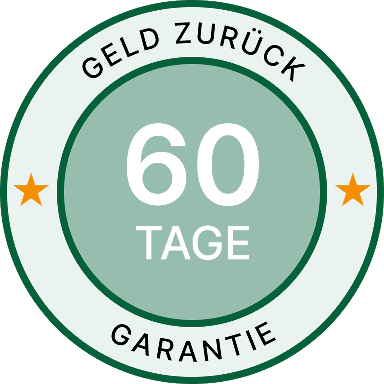 A green circular badge in German for a 30-day money-back guarantee, flanked by two orange stars.