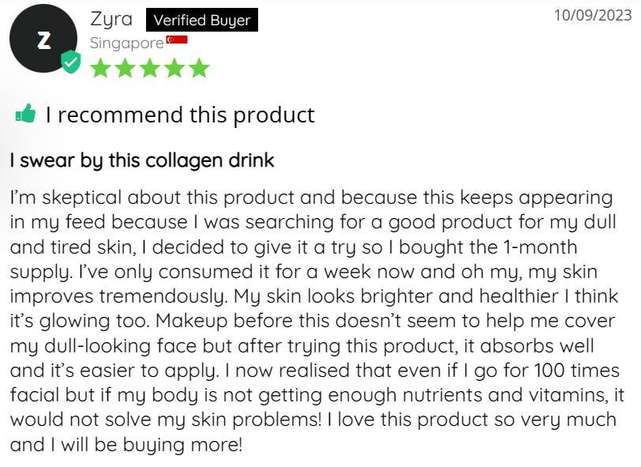 A product review with a positive testimonial and five-star rating.