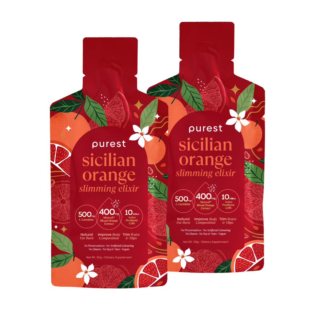 Two red pouches labeled 'Sicilian Orange Slimming Elixir' with orange and leaf designs.
