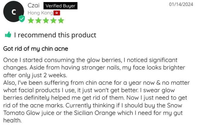 Product review praising glow berries for improving chin acne and nail strength.