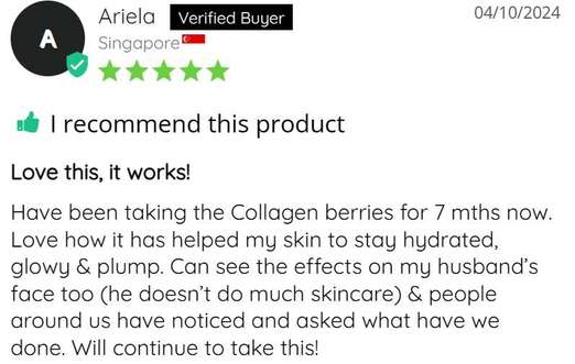 Product review with five-star rating and positive feedback on collagen berries.
