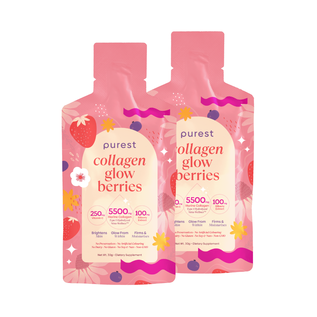 Two pink pouches labeled 'purest collagen glow berries' with fruit illustrations.