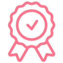 Pink award ribbon with a checkmark in the center.
