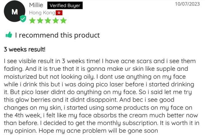 A product review with a positive rating and detailed feedback on acne treatment results.