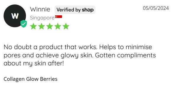 Product review with five-star rating and positive feedback on skincare product.
