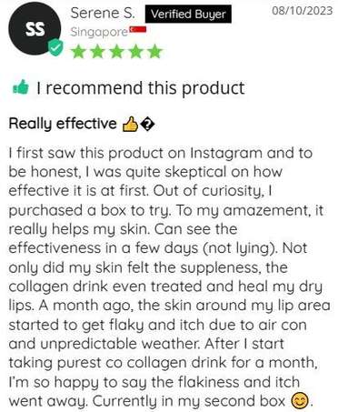 Customer review with text praising a product's effectiveness, including emojis and a verified buyer badge.