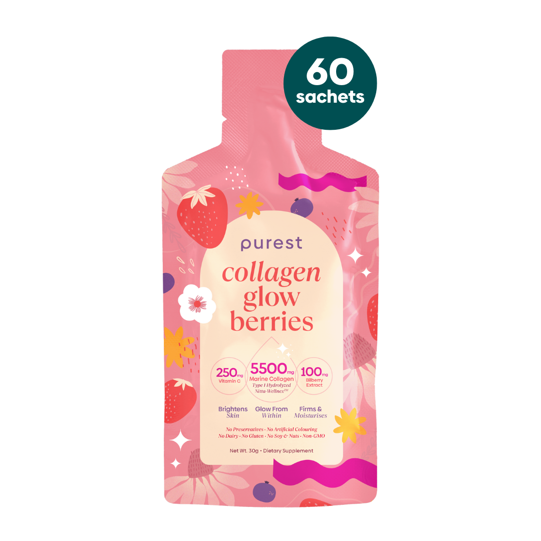 Pink sachet of 'collagen glow berries' with fruit illustrations and text details.