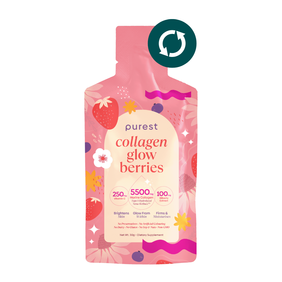 Pink pouch labeled 'collagen glow berries' with fruit illustrations.