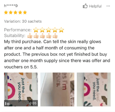 Screenshot of a product review with star ratings and text feedback.