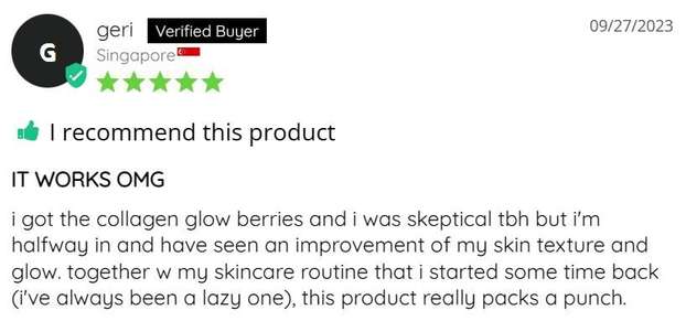 Product review with five-star rating and positive feedback on skincare product.