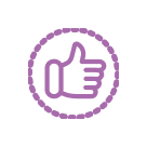 A purple icon of a thumbs-up gesture inside a dashed circle.