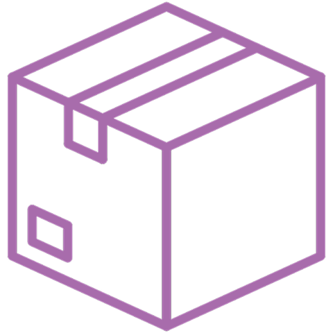 A purple line icon of a sealed cardboard box.